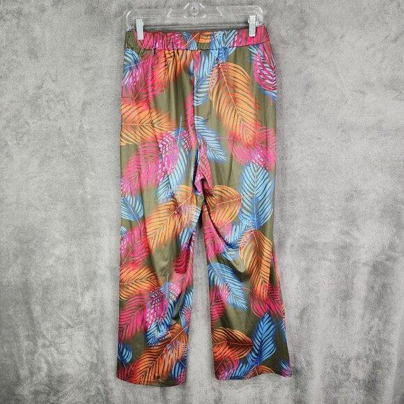 Womens Tropical Multicolor Leaf Print Wide-Leg Pants w/ Waist Tie Polyester L - Picture 4 of 9
